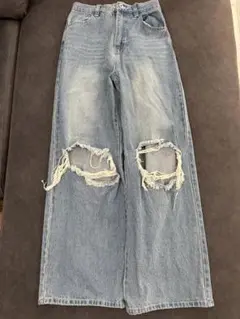 NICE CLAUPダメージ加工ワイドデニムパンツ M