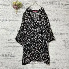 インディスカ　Vネック花柄シアーワンピース　ブラック　XLサイズ　薄手　透け感