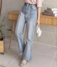 [ 低身長向けサイズ ] ハイウエストセンターシームセミフレアデニムパンツ