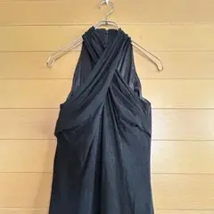フロントクロスデザイン ロングドレス 光沢生地 社交ダンス 練習着 ブラック M