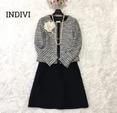美品☆INDIVIスカートスーツセットアップツイードノーカラー黒36