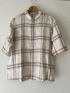 【美品】TANAKAのSHIRT リネン(麻) チェック半袖シャツ ベージュ M