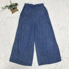 GU【S】ワイドパンツ デニム風 スリット入り ウエストゴム 体型カバー 春夏