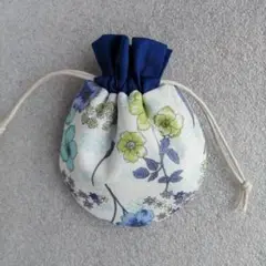 まんまるミニ巾着袋235　中ミニ　 横11cm　花柄　青