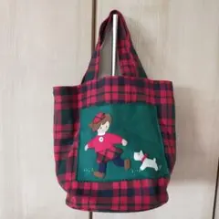 ファミリア familiar ウール混 手刺繍 円形 バケツ バッグ チェック