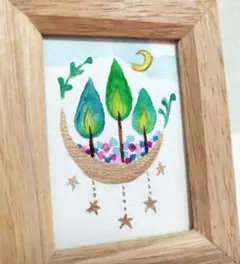 月の皿から伸びる木　水彩画　イラスト　原画　7.8✕9.8cm額縁付
