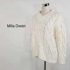 MilaOwenアランケーブル編みオーバーサイズVネックニットFオフホワイト白