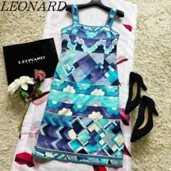 【良品】LEONARD 総柄ノースリーブワンピース ブルー 膝丈