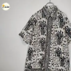 デザインシャツ　エスニック柄　モノトーン　ヴィンテージ　レトロ　ネイティブ　L