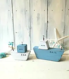 ＊セール品＊ ハンドメイド 木製船のオブジェ SEA SAIL 2個セット