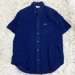 【良品✨】ラコステ リネン100% ボタンダウン 半袖シャツ 紺 M相当