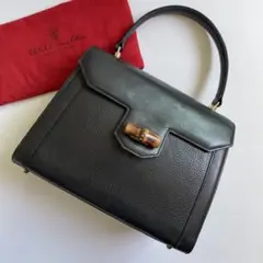 【美品】グッチ ハンドバッグ バンブー ターンロック シボ革 黒 アクセコ