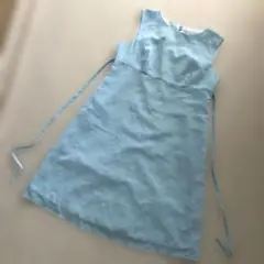 美品　ノースリーブ　ワンピース　花柄刺繍　水色　昭和レトロ　膝丈　M
