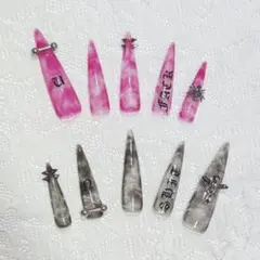 ネイルチップ♡地雷系♡ギャル♡ブラック♡黒♡ピンク♡赤♡マーブル♡血♡ピアス