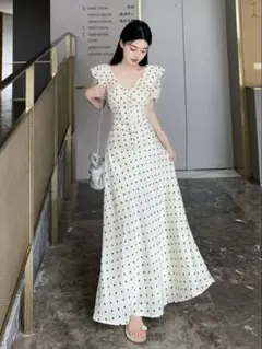リボン付き✭フリルドット柄ロングワンピース♥デートや女子会にも最適✭春夏