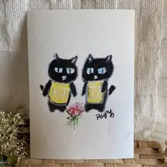 絵画。原画手描き【黒猫たちは誰が花をもらったのか好奇心がある】