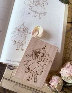 女の子　桜の夢　お花　木製　スタンプ　はんこ　コラージュ　レトロ