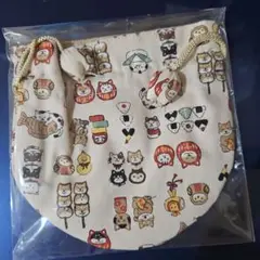 猫柄の巾着袋 ベージュ