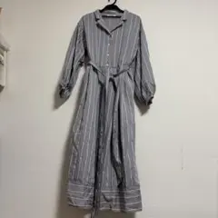 【AS KNOW AS PINKY】ロングシャツワンピース グレー×白ストライプ