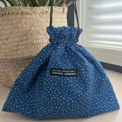 青白ドット　フリル巾着袋✴︎ハンドメイド