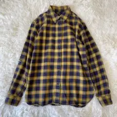 ユニクロ　フランネルチェックシャツ　長袖　イエロー・ネイビー　M
