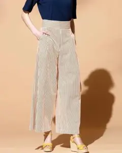 【美品！ドゥクラッセ】ブラウンストライプスカート風 ワイドパンツ　9号