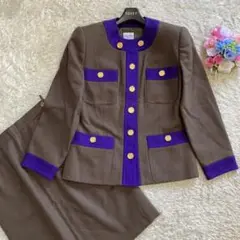 【極美品】セリーヌ スカートスーツ ノーカラー 馬車金具 金釦 ウール 38 M