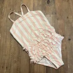 【HannaAndersson】ピンクボーダーフリルワンピース水着 120cm
