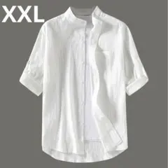 【新品】大きめサイズ‼️メンズ 半袖シャツ ホワイト 七分袖 薄手 綿麻 2XL