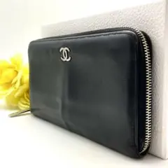 シャネル キャビアスキン ココマーク ラウンド ブラック 革 長財布 EJ616