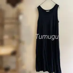★シンプル！tumugu: ネイビー ノースリーブ ロングワンピース