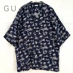 ◇ジーユー◇ アロハシャツ ネイビー ヤシの木 & フラミンゴ柄 Ｌサイズ