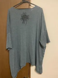 アジアン　グレー　蓮花プリント　カットソー　アシンメトリー　メンズXL