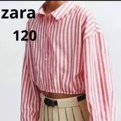 120 ZARA ストライプ　リネンブレンド　クロップドシャツ 赤　レッド
