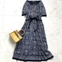 美品 ローラアシュレイ ワンピース 花柄 リボン 半袖 11 ネイビー