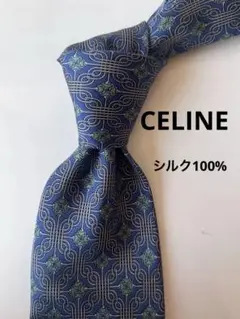 CELINE シルク100％ネクタイ 青 幾何学模様 シルク