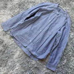 無印良品 洗いざらしオックススタンドカラーシャツ ネイビーストライプ メンズM