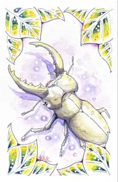 手描き　水彩画　クワガタムシのイラスト　Ｌ版サイズ フレーム付き