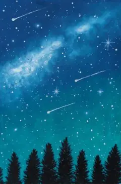 【原画：B6サイズ】　星降る夜と天の川　オイルパステル画