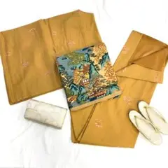 【2462】着物 小紋 正絹 袷 椿 黄土色 単品販売♪