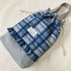 E297 上履き入れ　シューズバッグ　巾着　チェック　フリル　ハンドメイド