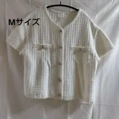 H＆M　ホワイト　ショート丈　ニットMサイズ 半袖 ボタン付き ポケットあり