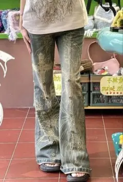 【新品】Y2Kグランジ　デニムパンツ　ジーンズ　デザインパンツ　L 迷彩 y2k