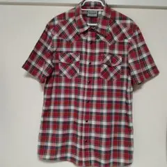 VILLAND しまむら　メンズチェック柄半袖シャツ　赤系　LL