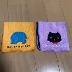 象と黒猫の刺繍タオル2枚セット