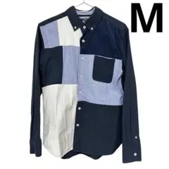 【早い者勝ち‼️】パッチワークシャツ M ネイビー 長袖シャツ 個性的 秋服