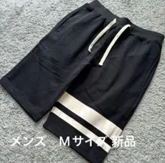 メンズ O.R.G 片側部分ボーダースウェットハーフパンツ黒M新品