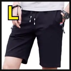 【L】メンズ ハーフパンツ 短パン y 伸縮性ウエストバンド ブラック