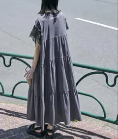 forksy. ラメフリルスリーブ配色バックプリントワンピース