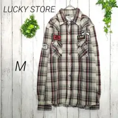 【LUCKY STORE】ラッキーストア　長袖シャツ　チェック柄　M　ワッペン